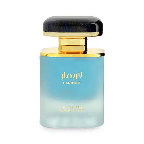 Flacon du parfum Larimar de Maison Asrar, une fragrance ambrée aromatique disponible sur Oudmalaki.com au Maroc.