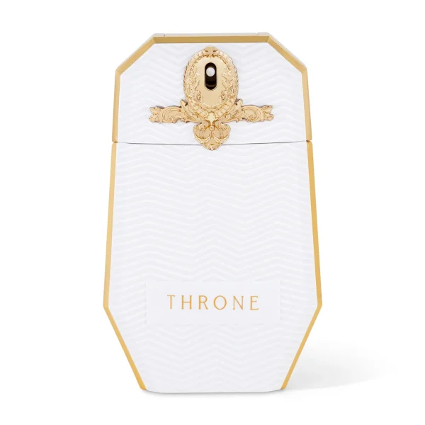 Parfum Throne Maison Asrar bouteille blanche et or luxueuse زجاجة عطر ثرون ميسون أسرار بيضاء