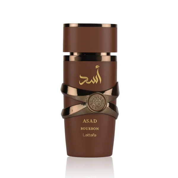 Parfum Lattafa Asad Bourbon bouteille noire et cuivre زجاجة عطر أسد بوربون لطافة الجديدة