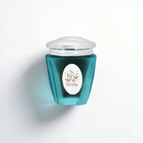 Bakhoor Oud Azraq Blue Oud 30g pot en verre turquoise et couvercle gravé argent Almas Perfumes Maroc