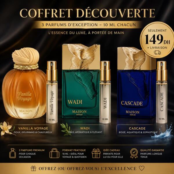 Pack Asrar Coffret Découverte 3x10ml Décantage Wadi Cascade Vanilla Voyage Maison Asrar Maroc